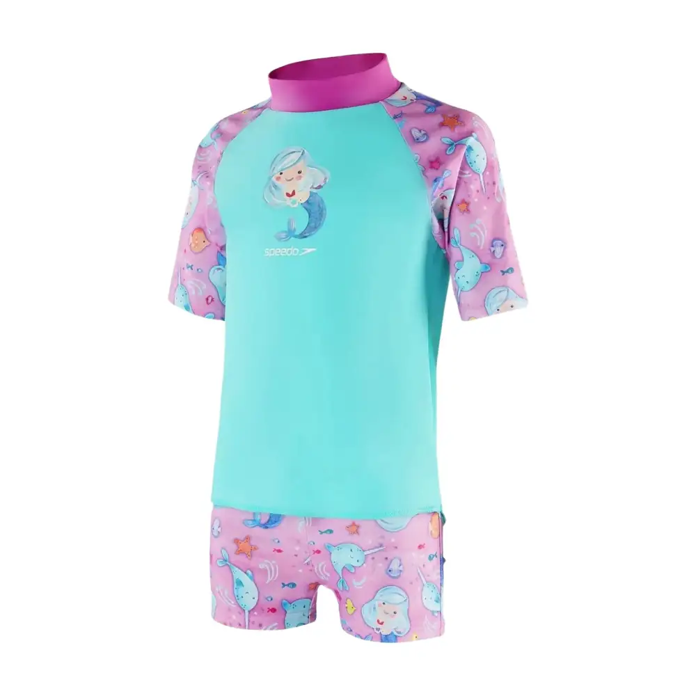 Speedo Tots Girls Printed Sun Protection Set - Green/Pink - Image 4