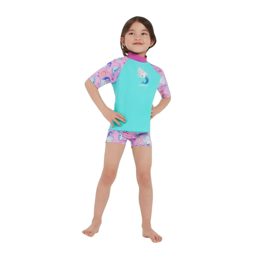 Speedo Tots Girls Printed Sun Protection Set - Green/Pink - Image 5